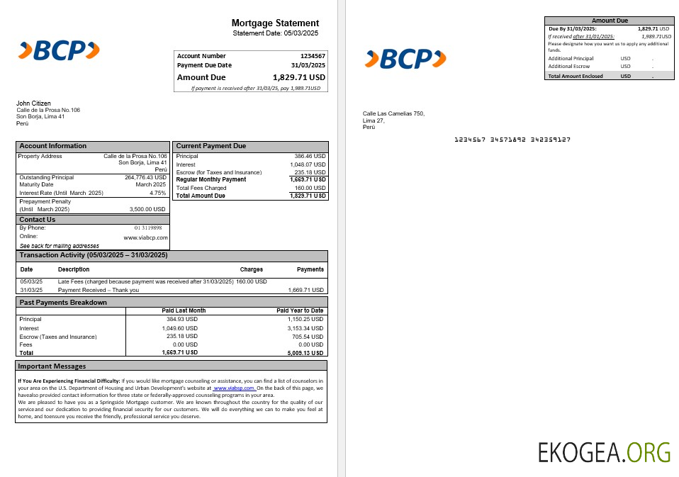 Relevé hypothécaire de la Banco de Credito (BCP) du Pérou aux formats Word et PDF